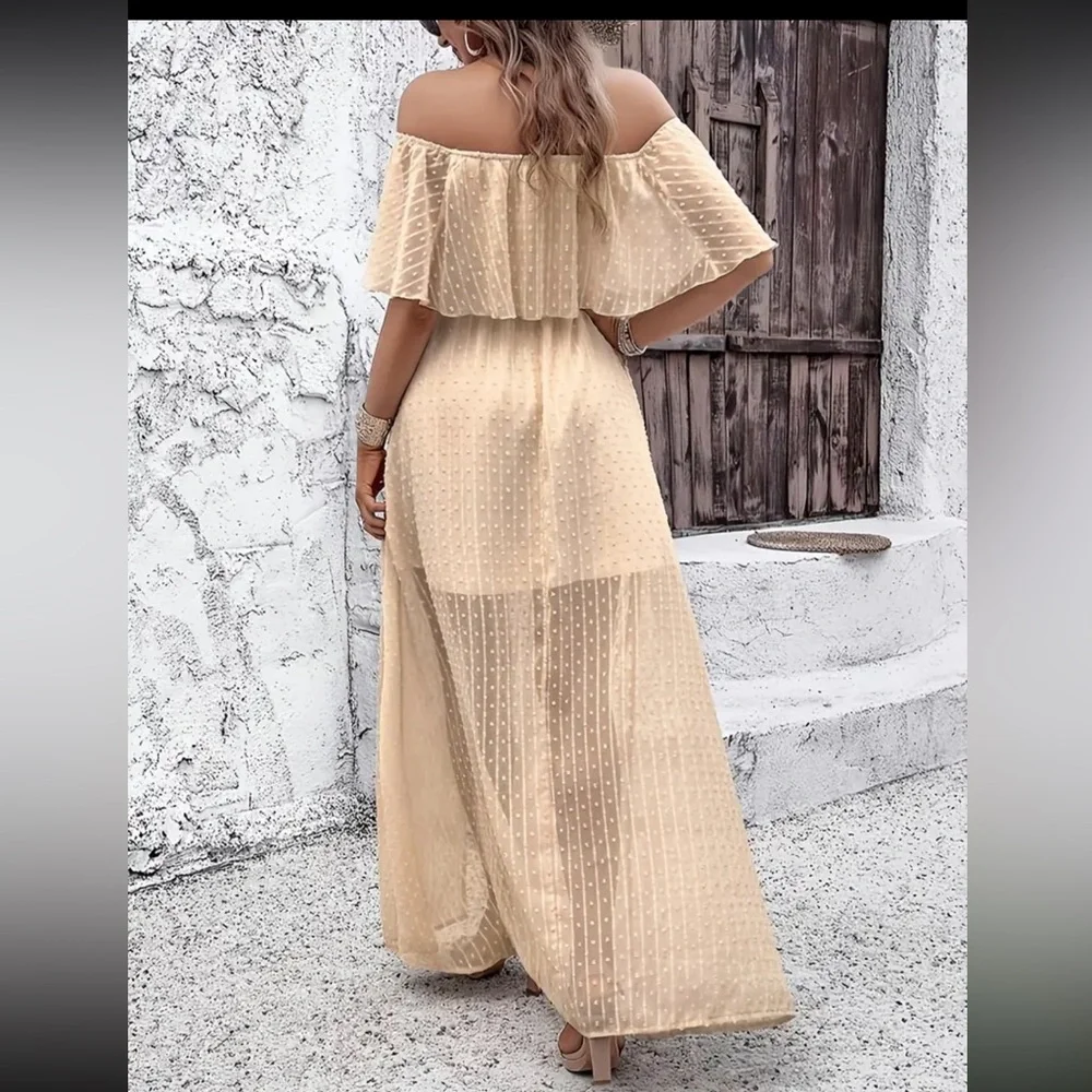Cream Ruffled Off-Shoulder Maxi Sundress - Picture 3 of 11